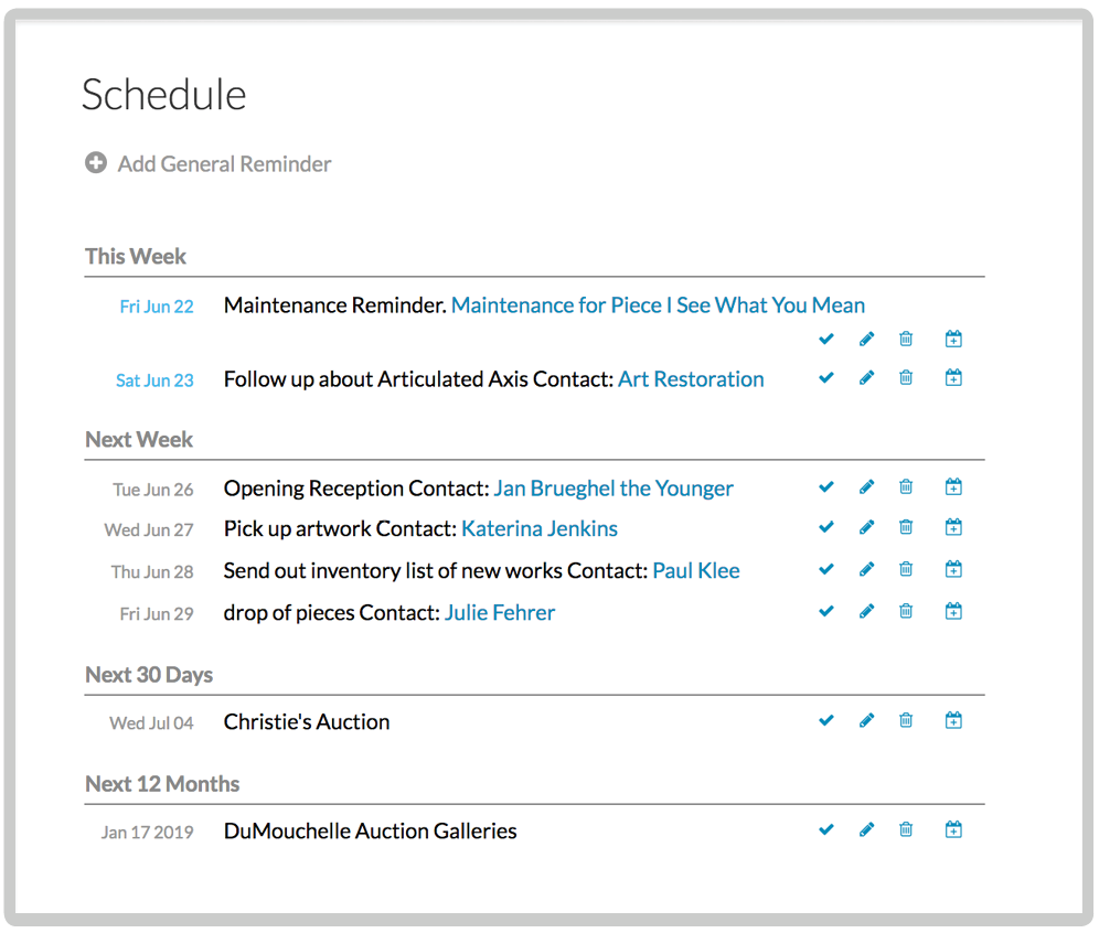 Image of the scheduling and reminder features of Artwork Archive Inventory Database