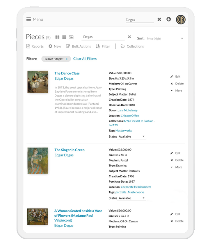 Image of the Artwork Archive user experience where a member can view item details for each art piece in their inventory.